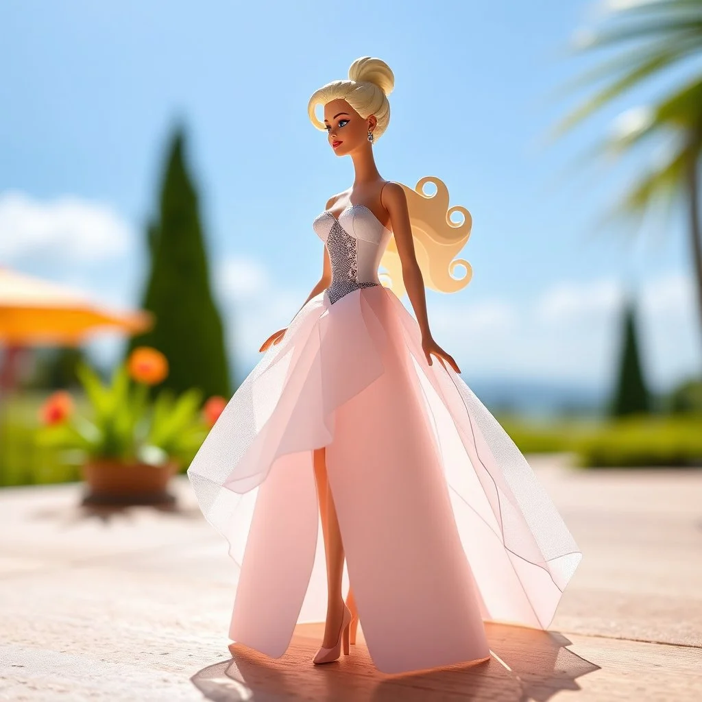 Barbie doll in papercraft style, in the sun