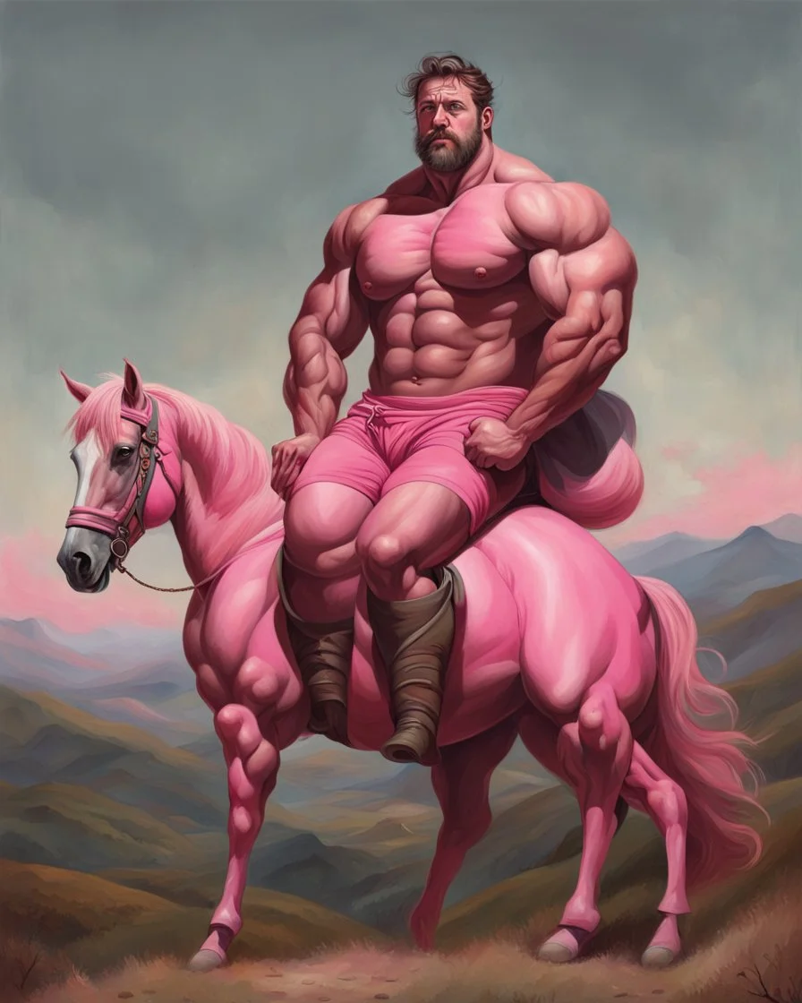 a big muscle man sitting on a pink horse in hills like a 19th painting