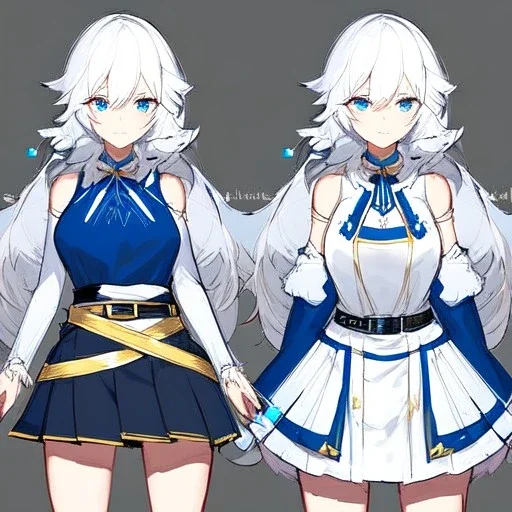 Clear focus, High resolution, rough line sketch art, short fluffy white hair, hair between eyes, fluffy hair, blue eyes, wearing a sleeveless shirt, wearing a a pleated skirt , detailed outfit, lots of details, bow on belt, white belt, white and blue everywhere on outfit, cut sleeve, yellow chains around outfit, concept art