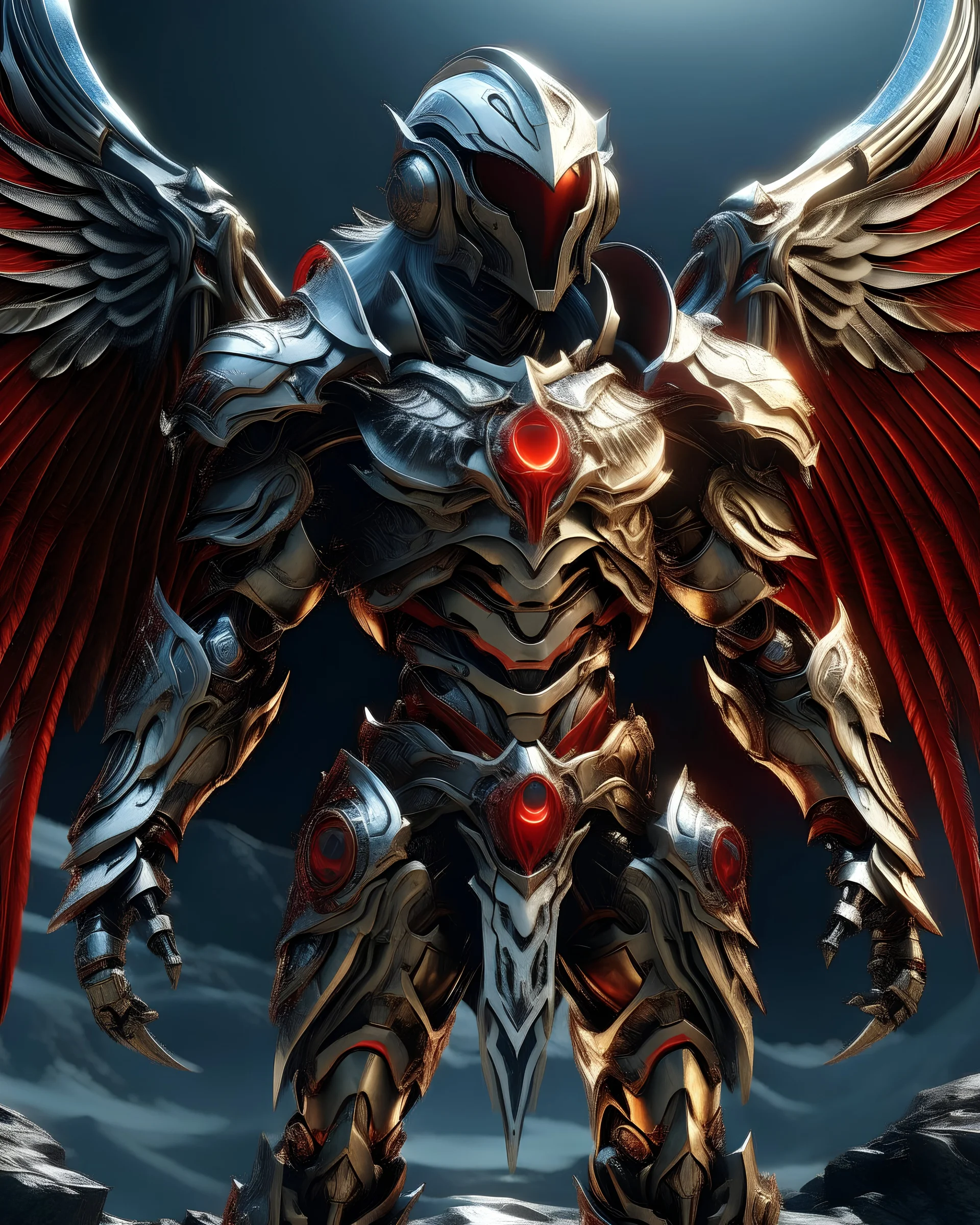 silver metal armor with red and gold highlights with angel wings, flying over a glacier, glowing red eyes