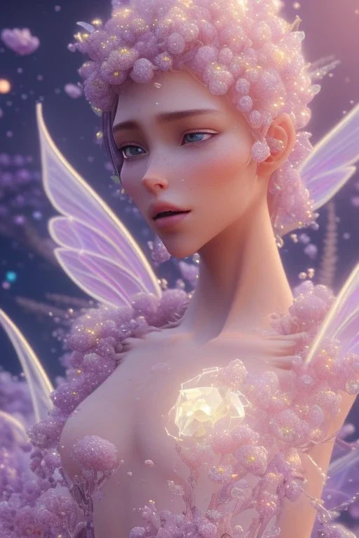 one big crystal subtle flower in a galactic ambiance with a beautiful fairy, transparent petals, delicate colors, in the foreground, full of details, smooth，soft light atmosphere, light effect，vaporwave colorful, concept art, smooth, extremely sharp detail, finely tuned detail, ultra high definition, 8 k, unreal engine 5, ultra sharp focus