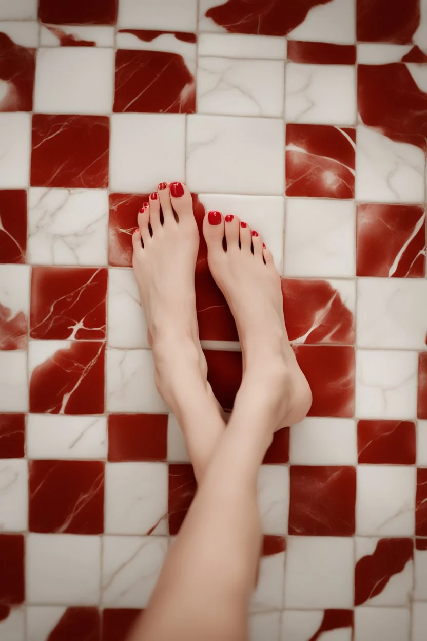 perfect picture of a woman's 5 toes with marble floor as background and red nail polish