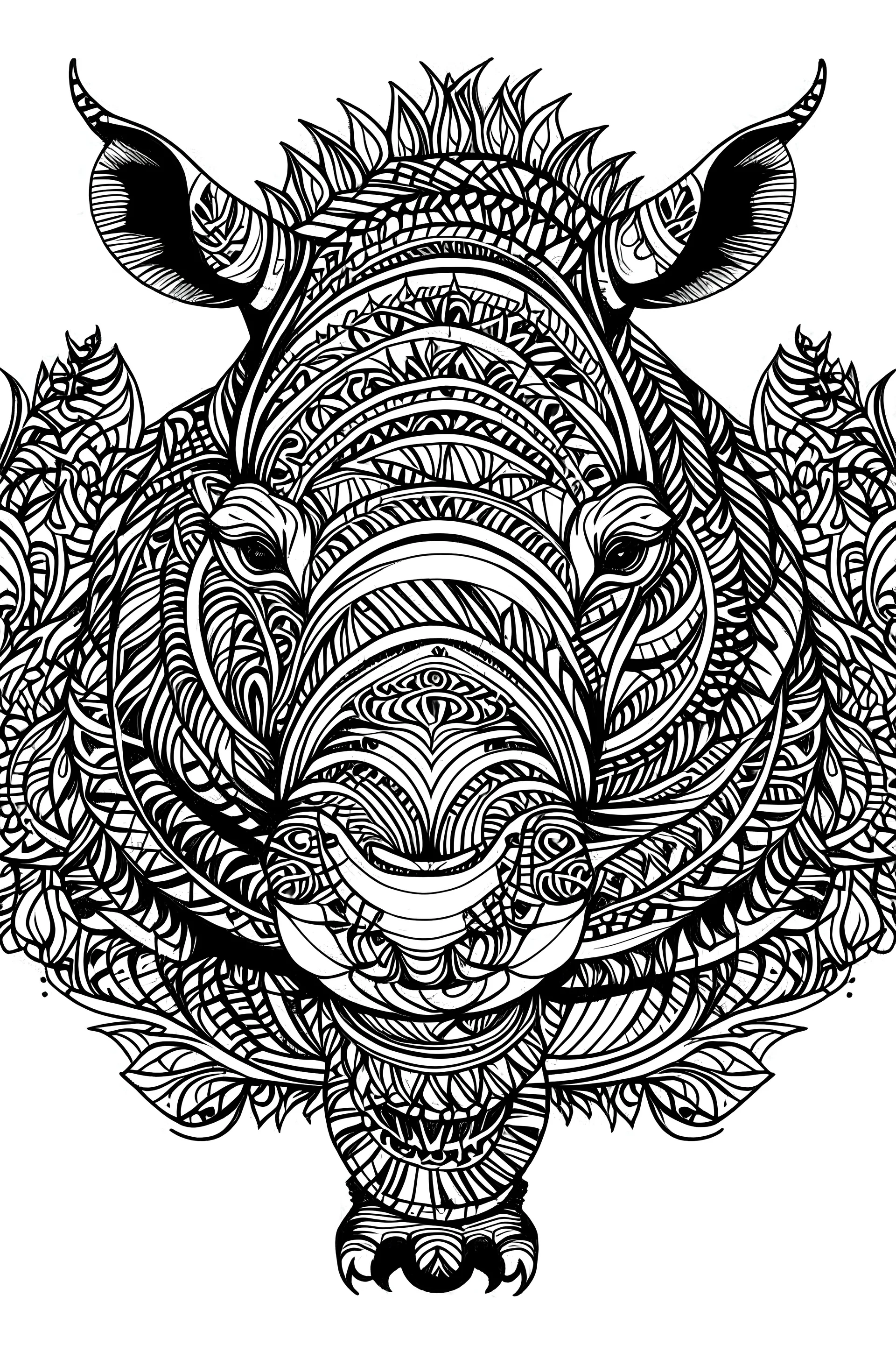 mandala rhinoceros mandala: black and white with white background.