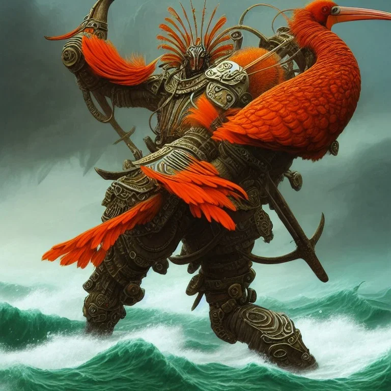 an ibis warrior in orange and green full battle armor, a highly detailed illustration, background of giant crashing ocean waves, realistic render, 8 k, micro detail, intricate, elegant, centered, digital painting, Artstation, smooth, sharp focus, illustration, artgerm, tomasz alen kopera, peter mohrbacher, donato giancola, joseph christian leyendecker, wlop, boris vallejo