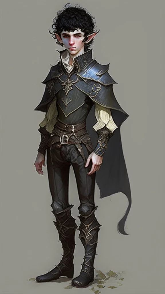 boy elf,he has curly, black hair and sharp cheekbones. His eyes are black. He wears fantasy medieval clothes. he is lean and tall, with pale skin, full body with boots, side view full body side body