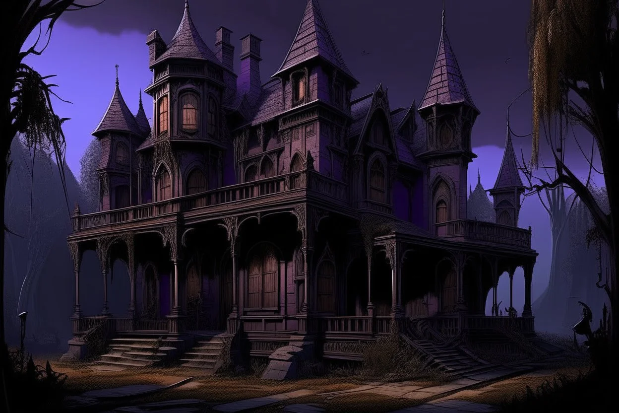 A dark purple haunted mansion with warped rooms painted by Leonardo da Vinci