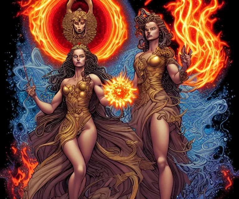 Four doll divine representing each one the four elements: fire, earth, air, and water. Mark Brooks and Dan Mumford, comic book art, perfect, smooth elemental galactic space core royalty.