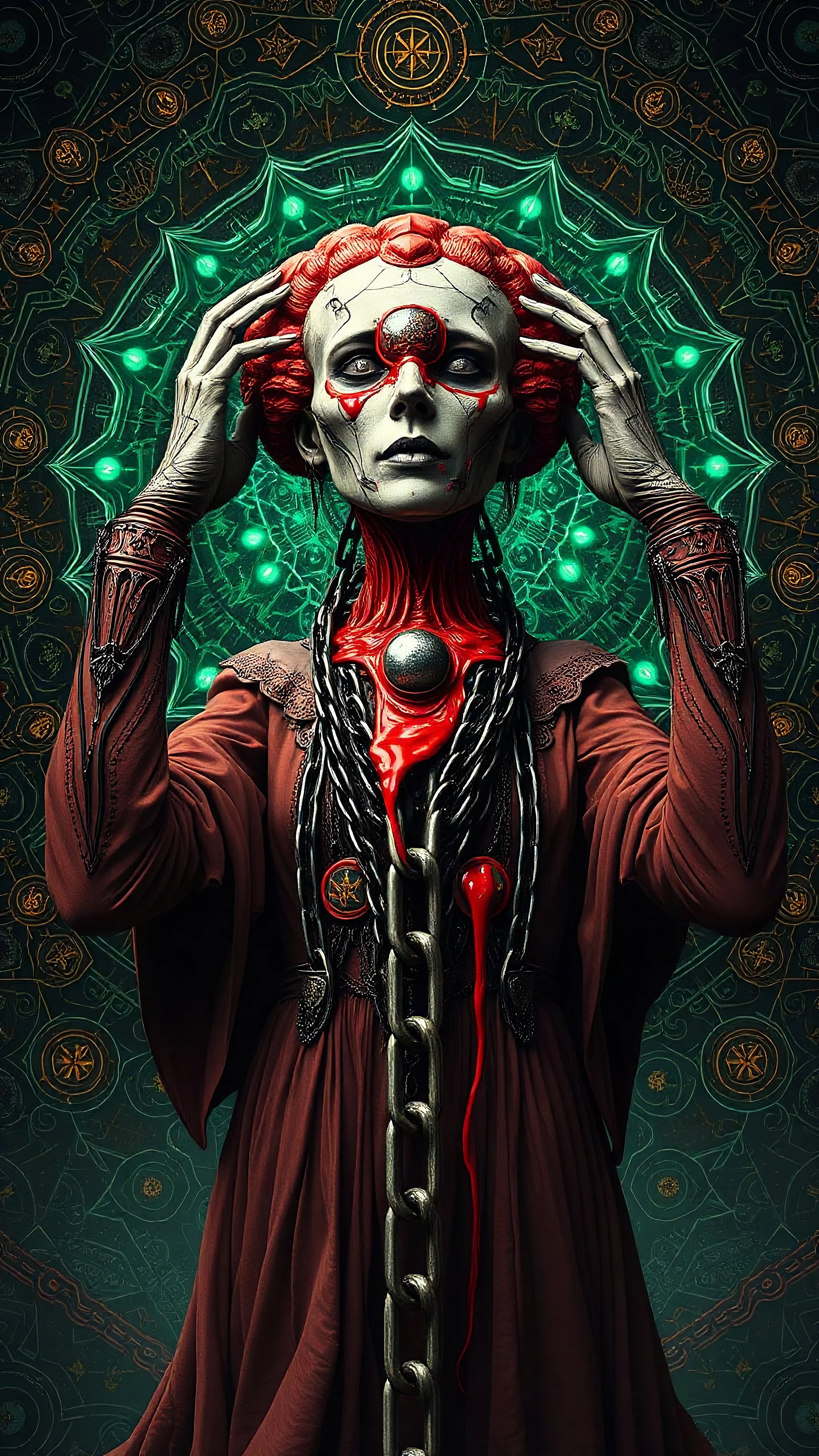 Imagine a surreal and intricate crack victorian woman that blends mechanical and organic elements standing trapped huge chain. The figure has multiple mind, the open head oozes red melted liquid, including a prominent stones in the center of its forehead. It is holding its head with detailed, realistic hands. The background chaotic mesmerizing array geometric shapes, glowing symbols matrix hexagonal elements otherworldlines