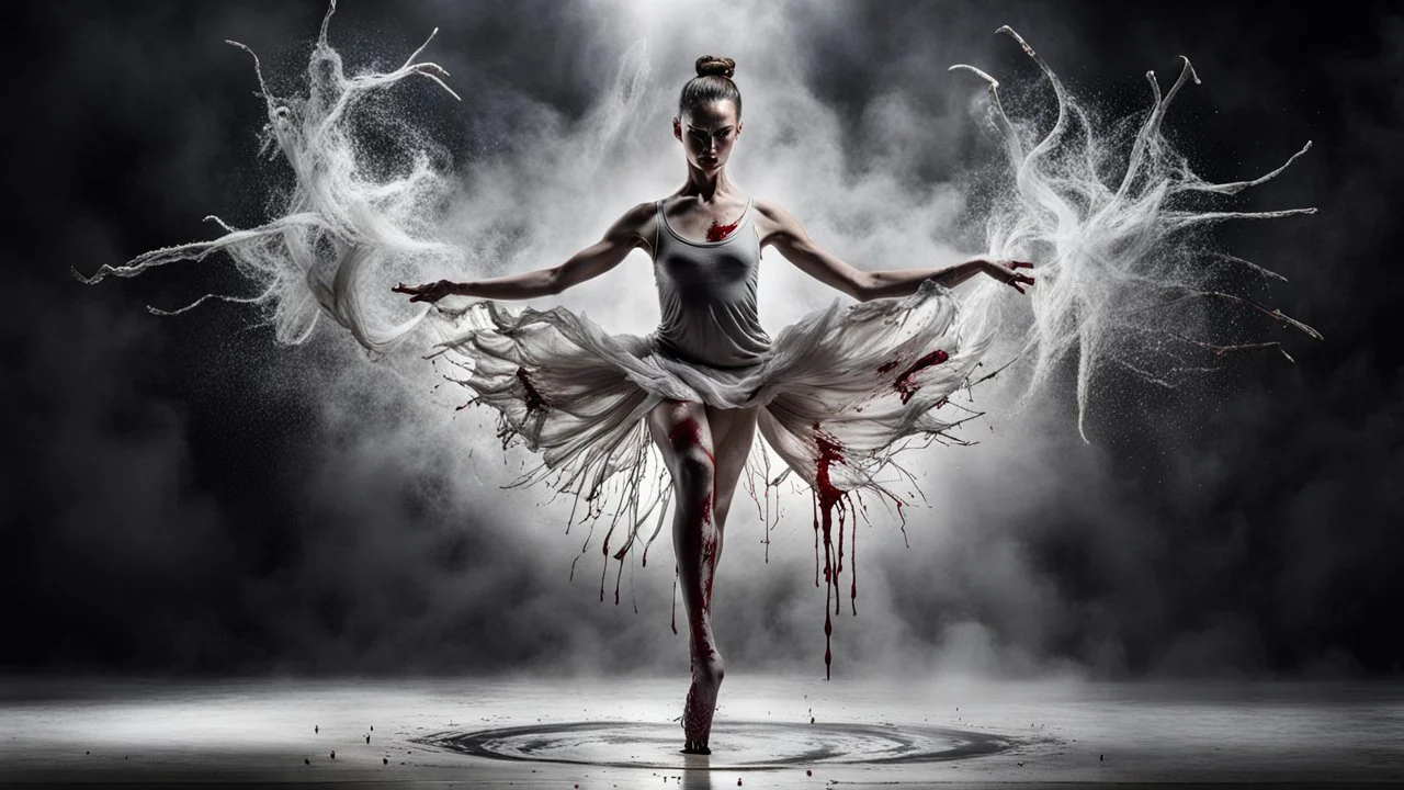 a bizarre surreal image where a dancer's legs there are bloody wounds on both foot and toes, her dress completely drenched in sweat, she standing on tiptoe in a perfect dance pose, around her a fade gray vortex, capturing grasping the difficulty of dance, self-sacrifice, striving for perfection the impressive pose achieved through hard work, the beauty of dance, vertical light on the dancer, blur background is a cracked wall with half darkness and half shiny light, on wall, detalied