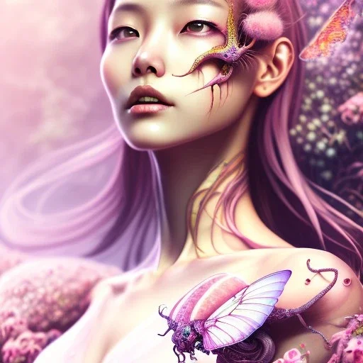 Asian woman, leaning pose, pink short hair, latex suit, Gradient background, style <Yoji Shinkawa>, Bones, watercolor illustration by <agnes cecile> butterflies everywhere, skulls, centipede, nest, octopus, squid, plants, wildflower, intricate detail , portrait, high lighting,