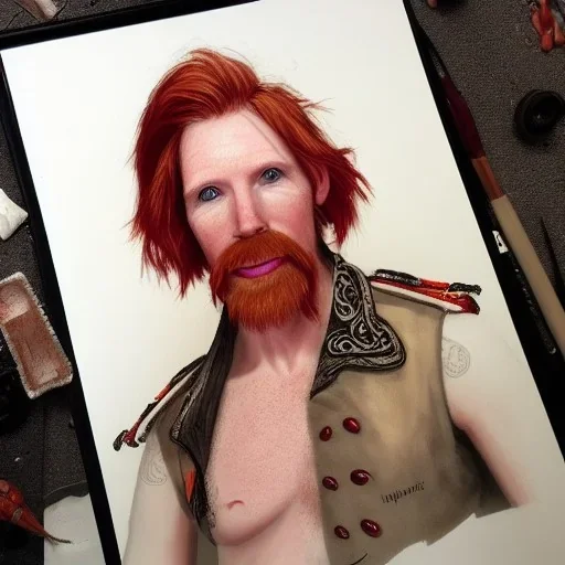 Portrait of Courtney Gains as a ruggedly handsome but joyful roguish pirate, charismatic, attractive male, masculine, perfect, precisely detailed, lightly freckled face, meticulously detailed multi-hued ginger carrot colored cherry fire red hair; Malachai of the corn; fantasy, intricate, elegant, highly detailed, digital painting, artstation, concept art, matte, sharp focus, illustration, art by artgerm and greg rutkowski and alphonse mucha