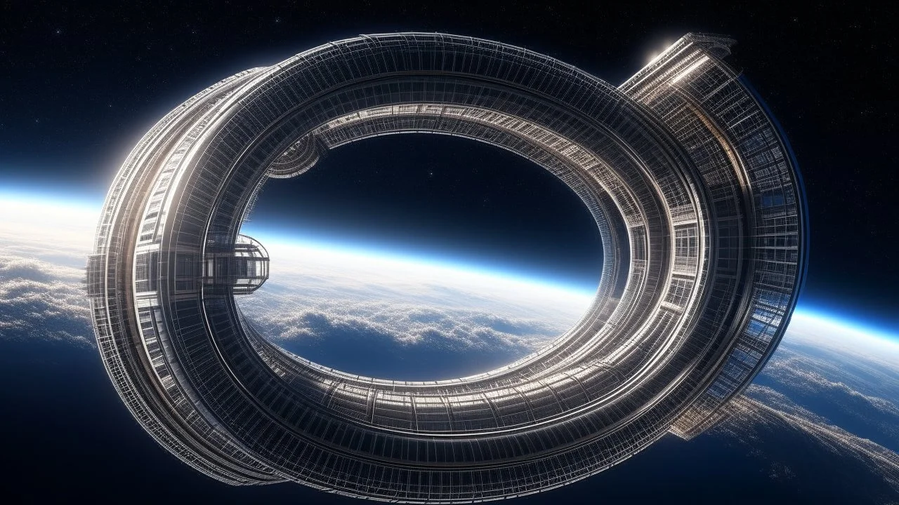 circular, tube, space station over a planet, photorealism