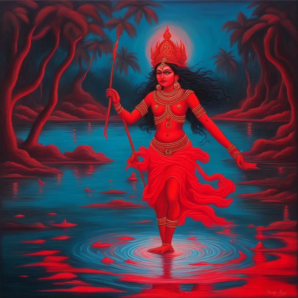 An oil painting of goddess Kali crossing a lake, neon red colors, side angle