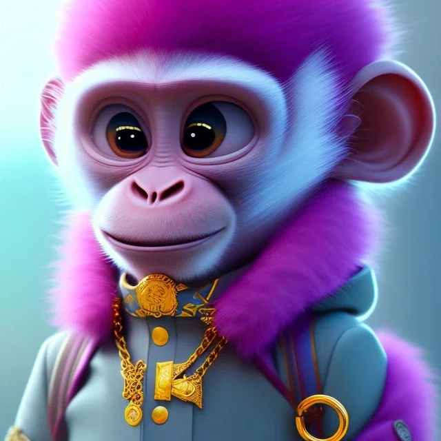 pixar style anamorphic cute monkey baby, smiling, gangsta gold neckless, full body, magenta puffer jacket, manila city backdrop, dramatic lighting, hyper-realistic, unreal engine 5, 16k. full detailed