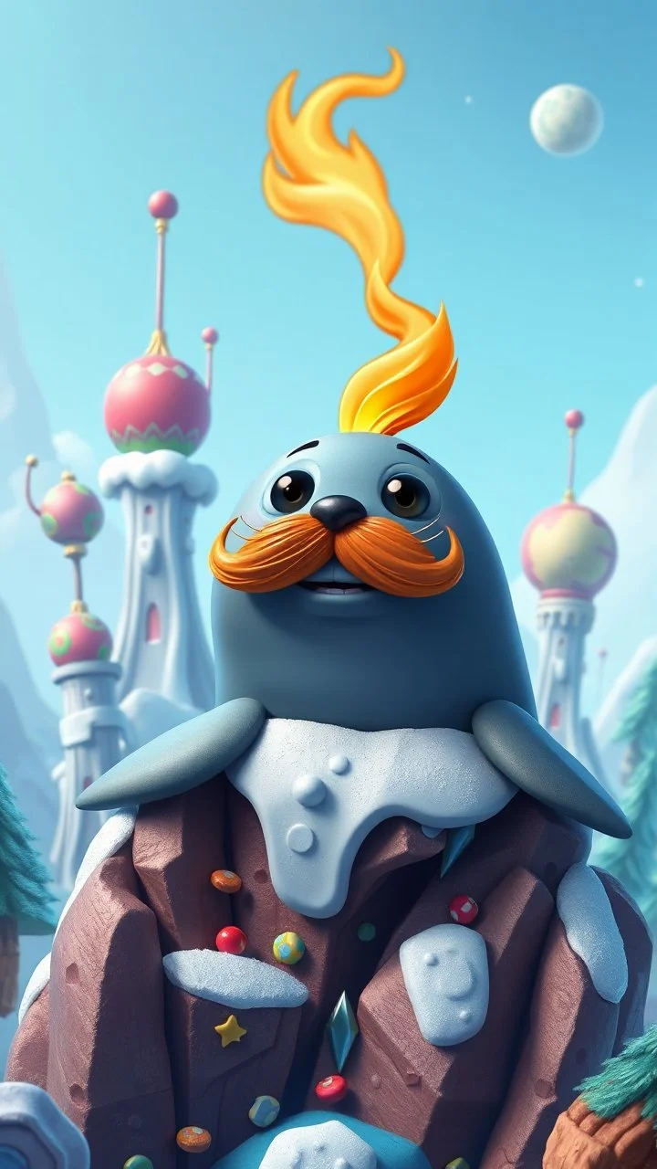 candy crush cannon ball seal with fire mustache above frozen artic jungle with weird alien towers gets torn apart under him, in the style of Pixar, expertly crafted in a whimsical and vibrant cartoon style. is masterfully rendered in a lifelike 3D design, which captivates viewers with there irresistible charm.