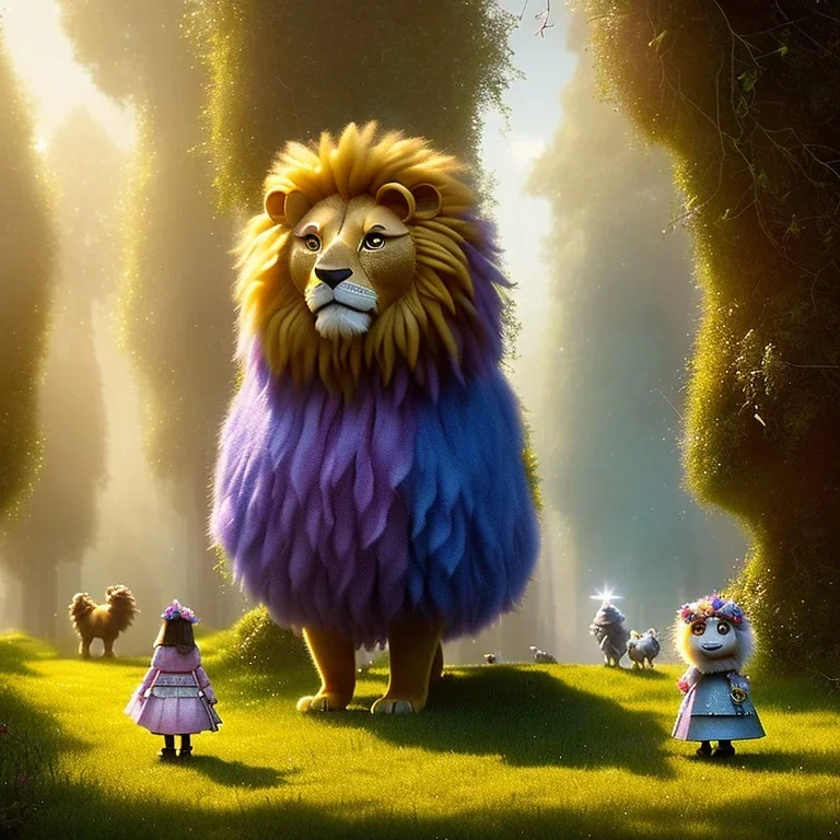 cute fluffy lion, scarecrow, tin-man, little girl on a journey into the woods walking on a yellow brick road, cute adorable pop surrealism, lowbrow art, realistic, street fashion, fluffy , pixar style, hyperrealism, rococo, Pixar, Disney, concept art, 3d digital art, Maya 3D, ZBrush Central 3D shading, bright colored background, radial gradient background, cinematic, Reimagined by industrial light and magic, 4k resolution post processing 8k resolution holographic astral cosmic illustra