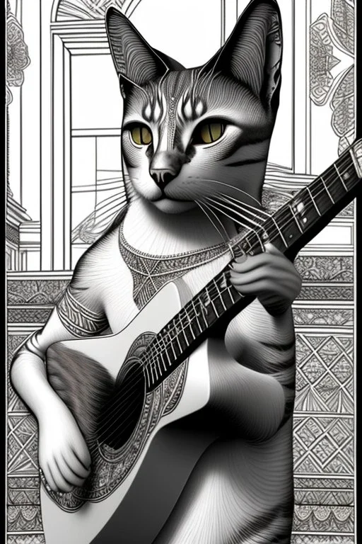 One single mature Siam cat, friendly, playing guitar, vienna, sunny day, perfect iris, model style, hyper realistic, extremely accurate, delicate, extremely detailed, Graphic novel style, wide-angle, open aperture, superfine pencil