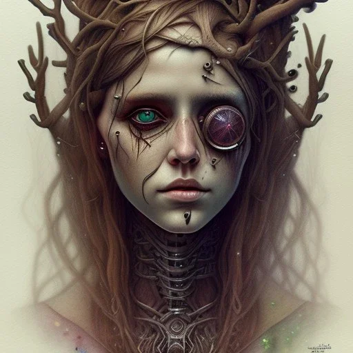 Singer Danish MØ, watercolor illustration , cyberpunk, Dryad, wildflower, Style John Kenn Mortensen,