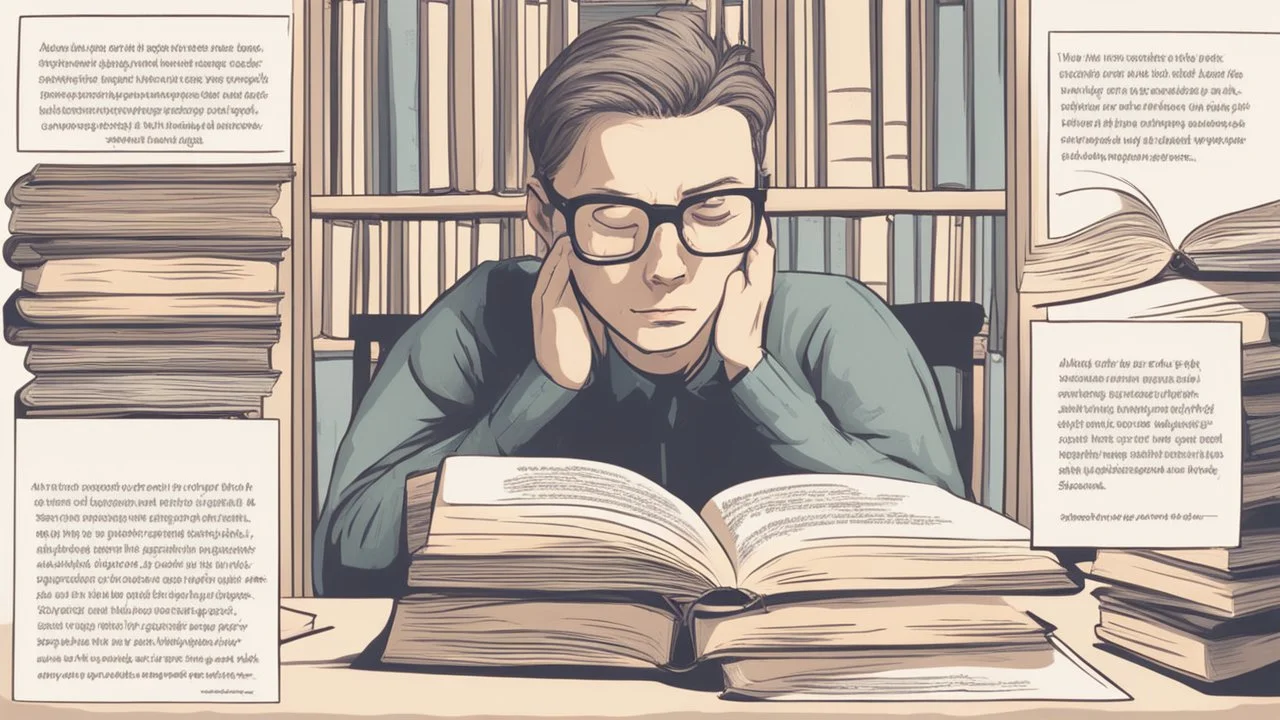 The image depicts a person sitting at a table with a stack of books in front of them. The individual is holding an open book and reading with intense concentration. Their eyes are moving rapidly across the pages, suggesting advanced speed reading skills. The book's opening phrase and words are clearly visible in the image, making it easier for the reader to apply speed reading techniques and better comprehend the content. The image highlights the immersive and deep understanding aspects achievab