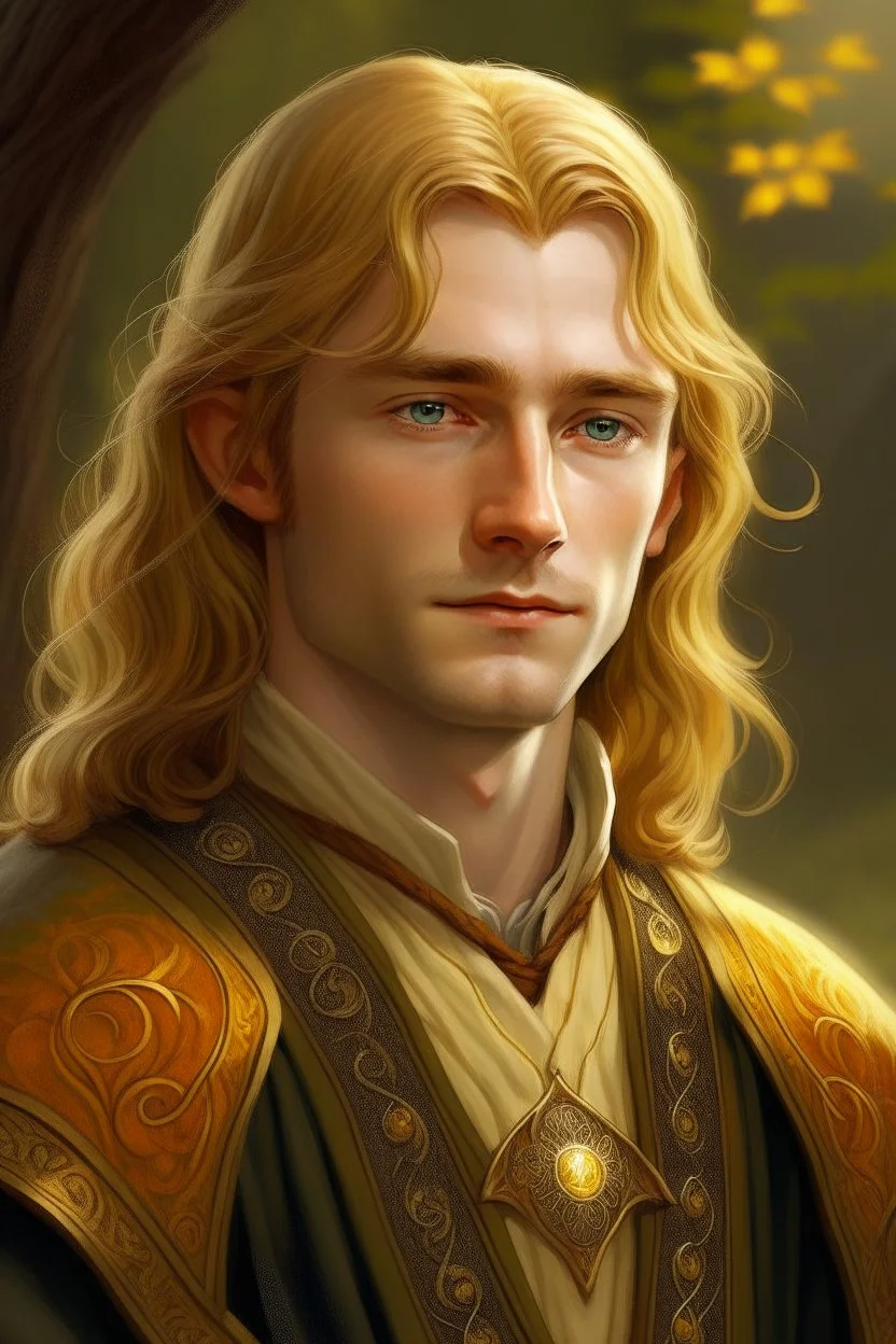 A young serene Lord Of The Rings like man with mid-length golden hair that cascades gracefully, and a short beard. His open eyes, with blind pupils, reflect a depth of wisdom and inner peace. A gentle smile graces his face, adding warmth to his tranquil demeanor.