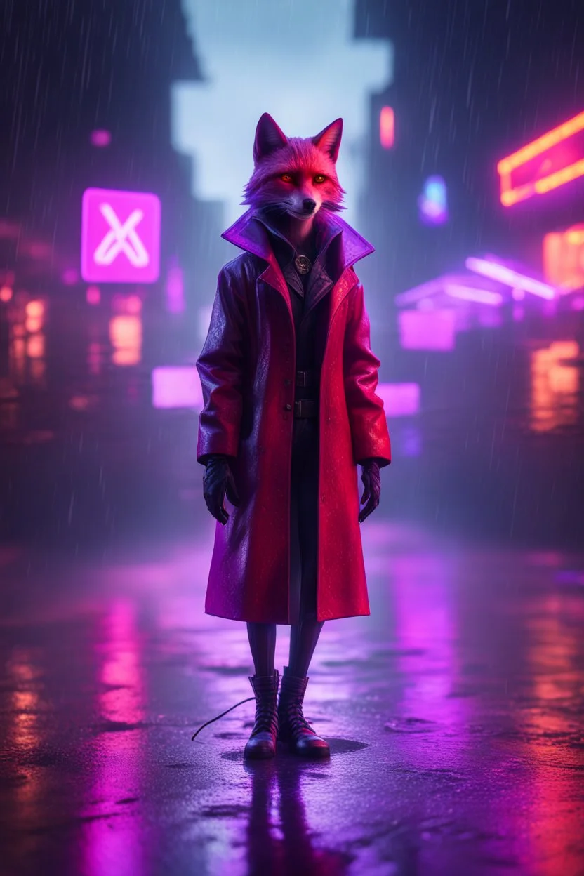 Volumetric fog fox cat lights,paradise sacred geometry framed playing card, black, red, spore and purple neon cyber punk dancer thief in soaked rain coat shadows boss card in the style of escher and fallout 4 ,,bokeh like f/0.8, tilt-shift lens 8k, high detail, smooth render, down-light, unreal engine