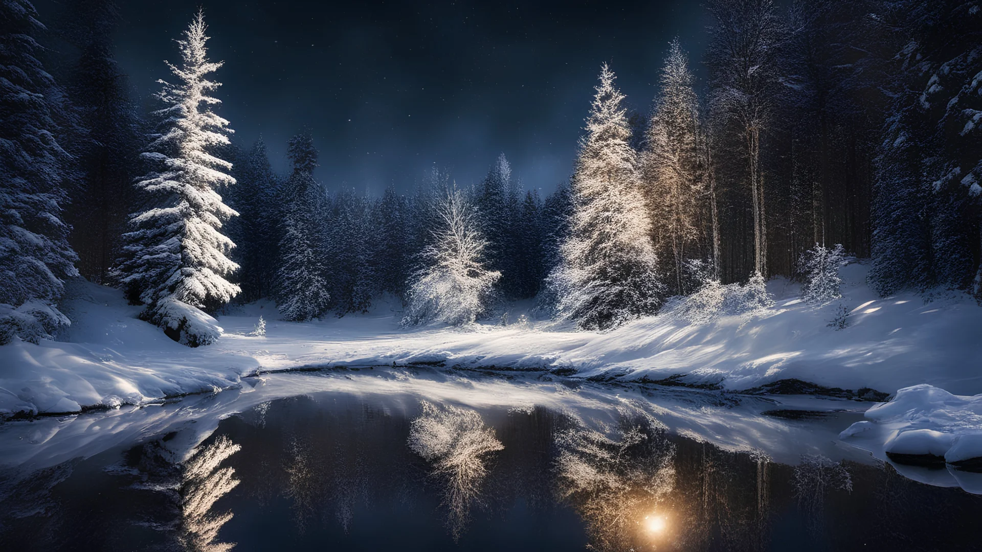 christmas time,photo of a snowy fir forest,christmas magic, midnight hour,fireflies,reflections,8k, volumetric lighting, Dramatic scene,splash color,