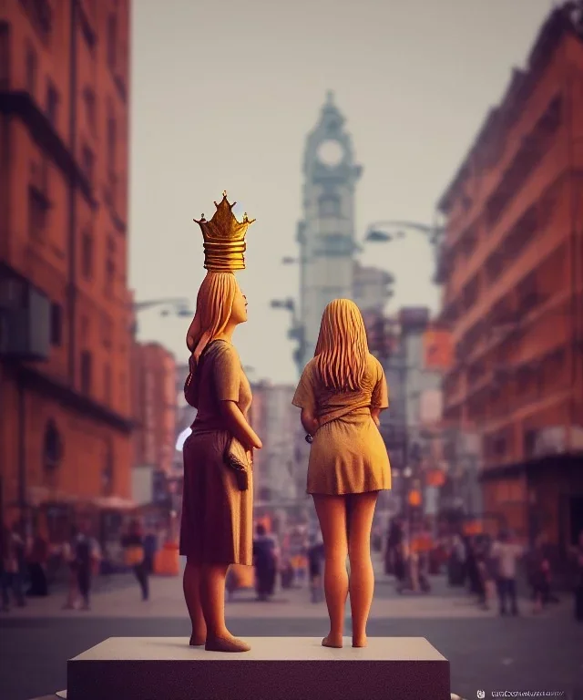 Statue of Queen of photography. Cute blonde woman. Photographer in golden crown. Standing on the street. Big camera in her hand. hyperdetailed, photorealistic, trending on artstation, greg rutkowski, beksinski, kodachrome, lomography, golden hour, bokeh, volumetric light