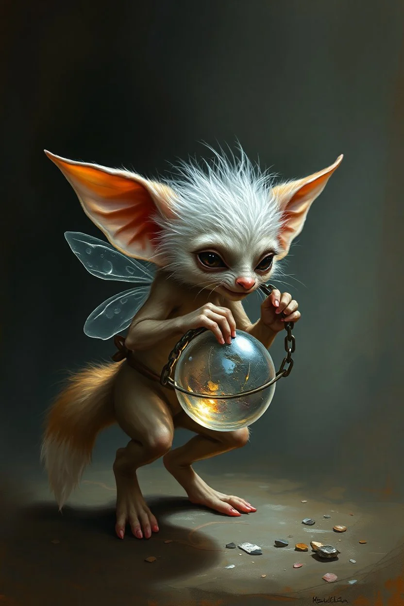 glorious transparent transcendent cute hairy gremlin elf fairy fox holding ball in chain, painted by Rembrandt