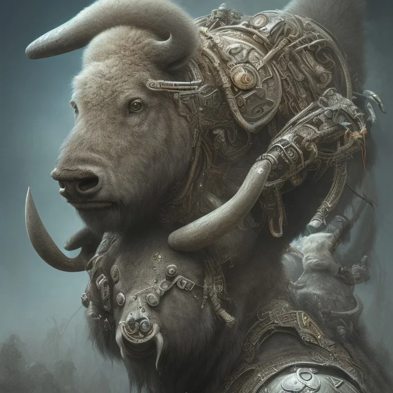 a Buffalo warrior in black and neon battle armor, a highly detailed illustration, background of Inka jungle, realistic render, 8 k, micro detail, intricate, elegant, centered, digital painting, Artstation, smooth, sharp focus, illustration, artgerm, tomasz alen kopera, peter mohrbacher, donato giancola, joseph christian leyendecker, wlop, boris vallejo