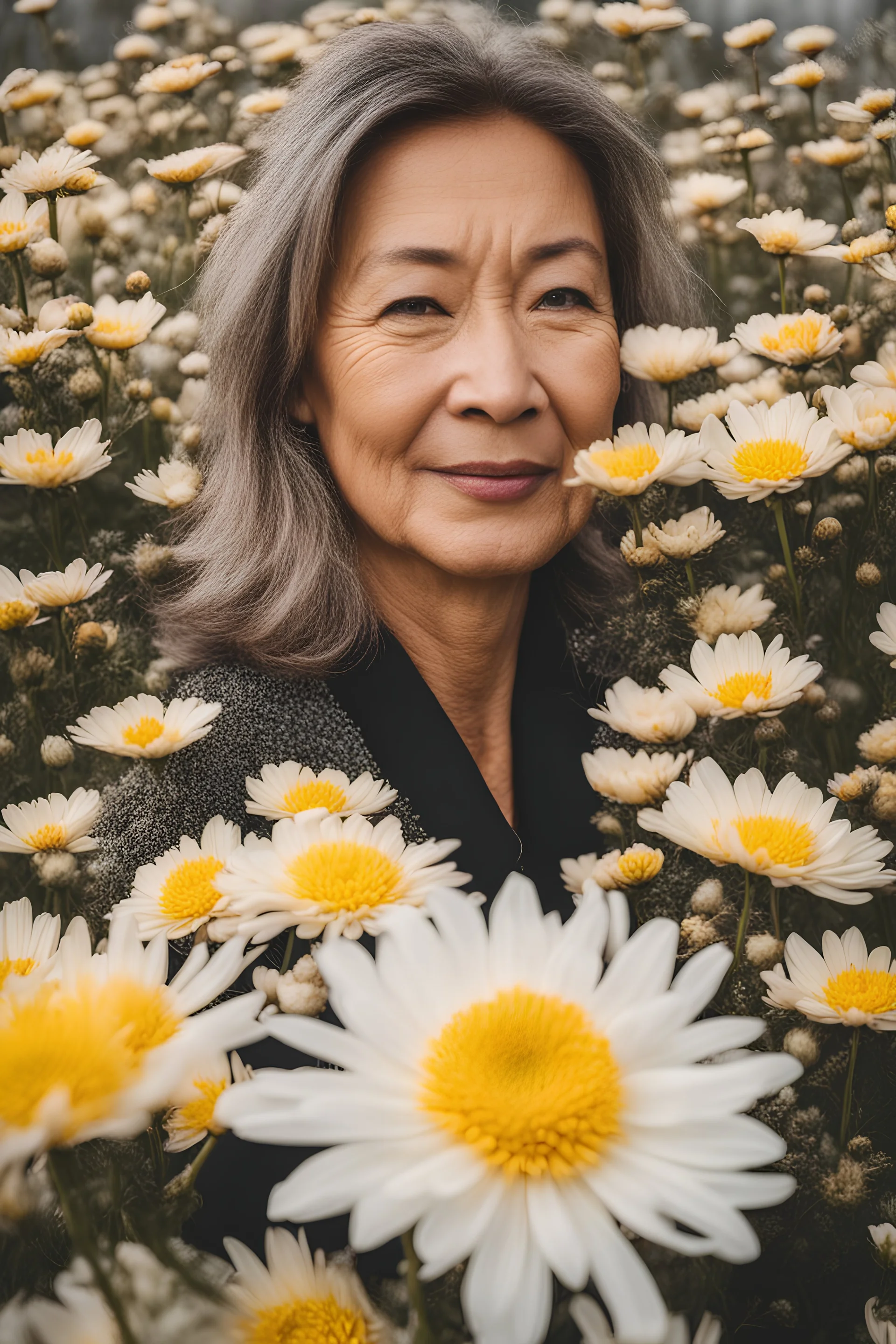 A portrait of a middle aged Eurasian woman surrounded by beautiful chrysanthemum