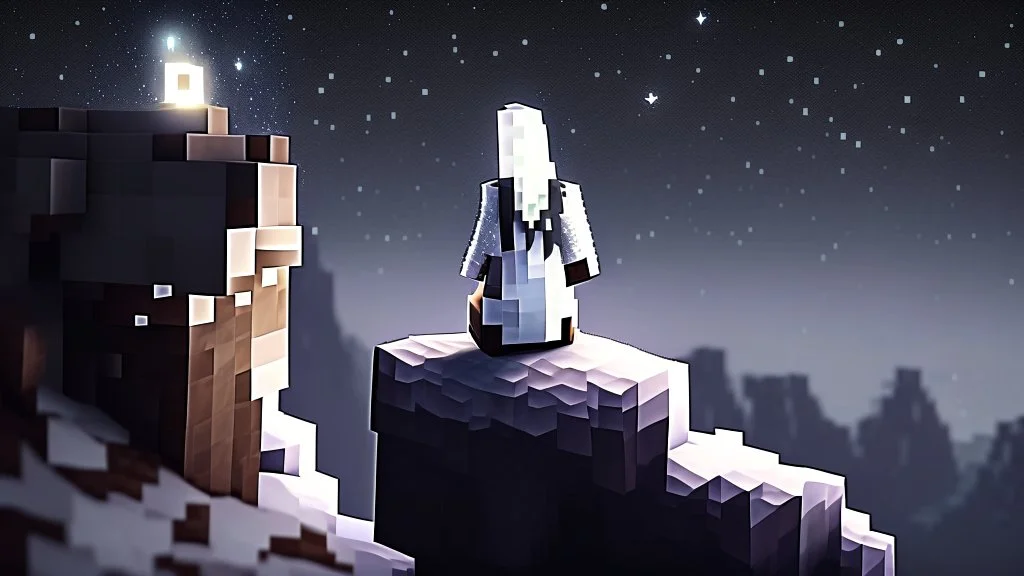 Minecraft Character, minecraft theme, purple starry sky, meditating, facing back, wearing gown, minecraft style, in between two cliffs, white clothes, edge to edge