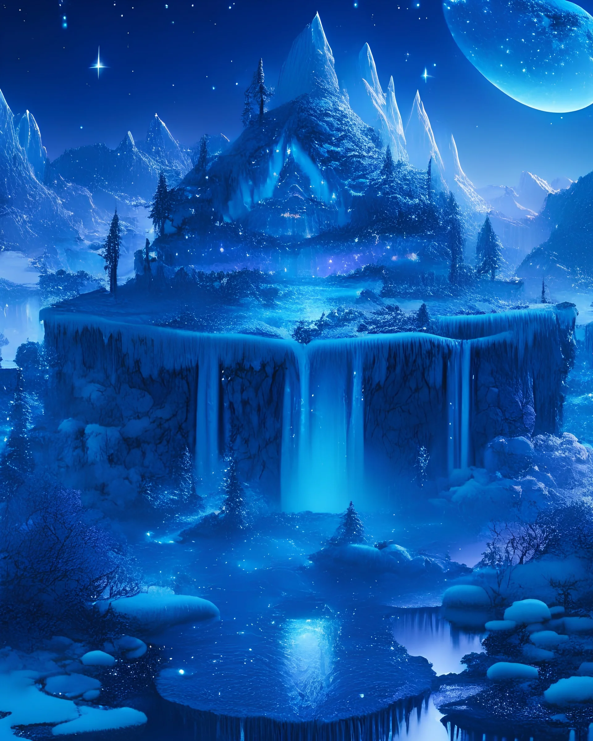 Mystical floating island with a lush garden, ancient ruins, and a cascading waterfall, under a starry twilight sky.A small frozen crystal blue lake centered around snowy mountains, high resolution, realistic, beautiful, volumetric lighting, colorful, masterpiece, crystalline, strong blue color, detailed, aerial view, 8K, intricate details, cyberpunk, cosmic.an idyliic forest with bright colorful flowers, mountains, a small river, paradise, heavenly atmosphere in the moonlit night, detailed paint