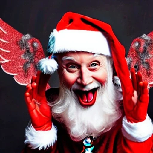 wings, freaky crazy Santa with wings, laughing, flying, satan wings