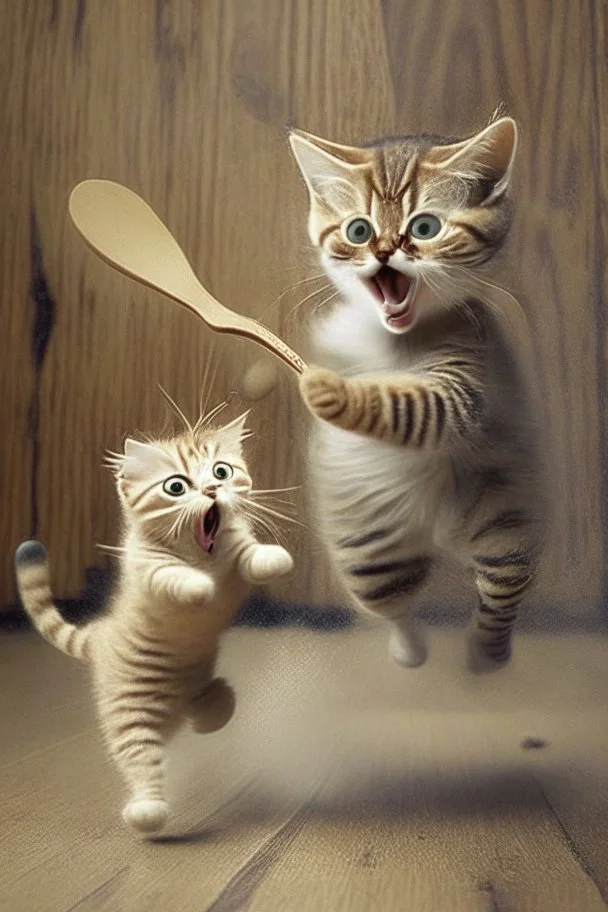 mother cat wearing an aprin using a wooden spoon to chase a baby cat