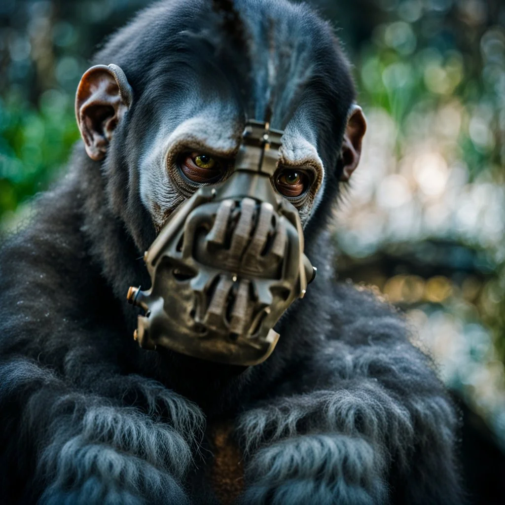 Ape Creature in a breathing device, gas mask, respirator Christopher Nolan, Dystopian, Extreme depth of field, bokeh blur, Alberta, all-natural, in the style of candid, imperfection, natural lighting, Fuji Film, Anamorphic lens