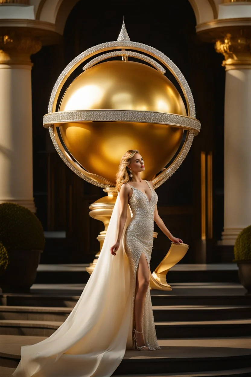 A magnificent golden and silver heart-shaped sign adorned with a stunning golden sphere encrusted with sparkling diamond clusters at its center, elegantly spinning in position,a girl golden statue standing pose