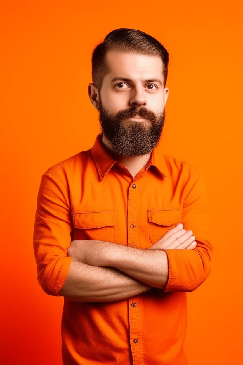 high quality photography 30 year old handsome developer man, front view, flat single color orange background