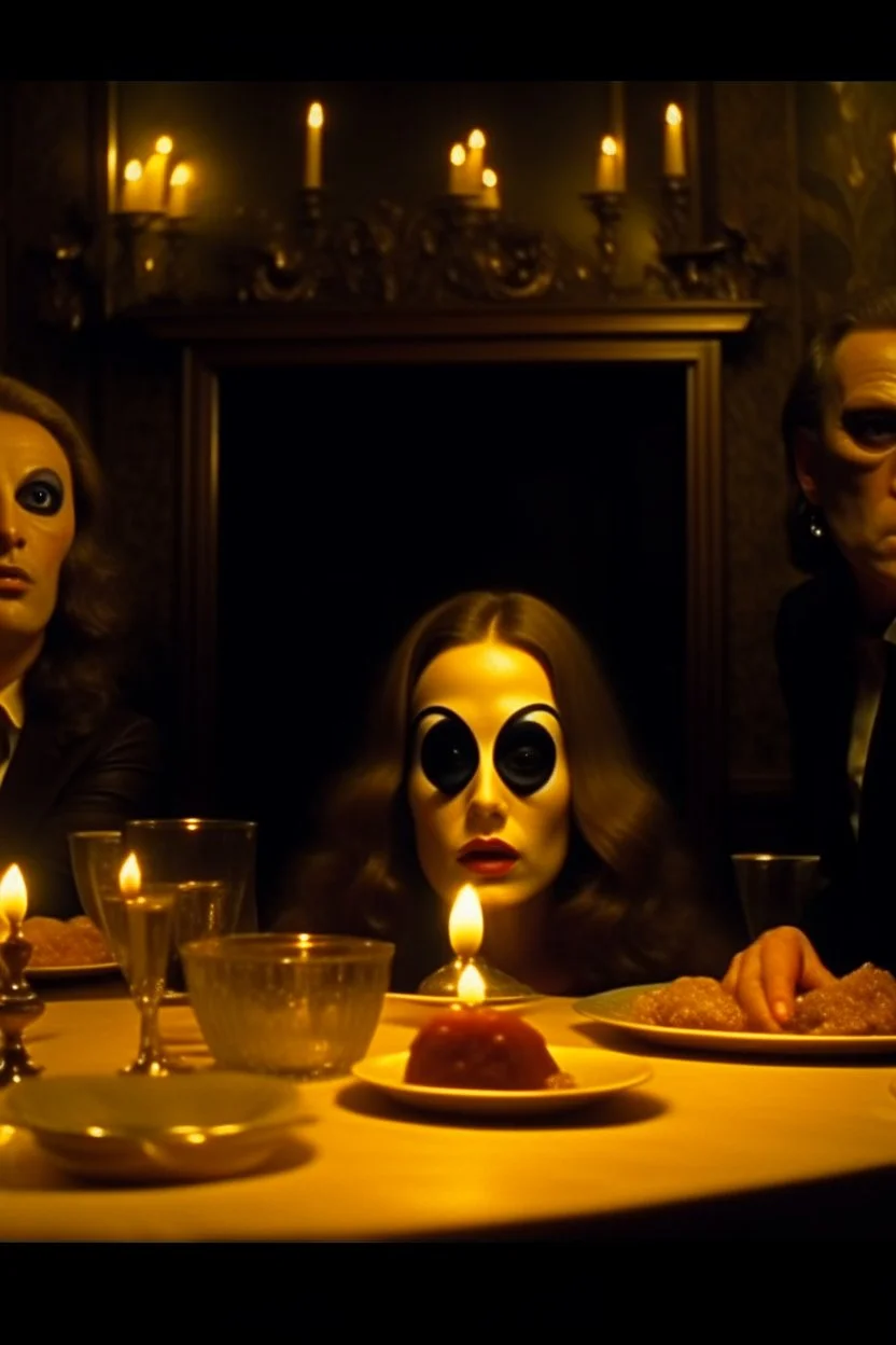 Spooky, ultra realistic distress, dining, ultra realistic hot woman, nose, giant eye on a table, organic hot bondes, bredst, dynamic, anguish, Stanley Kubrik Eyes wide shut, excited and lively scene, hypermaximalist figures, Creepy the Ring Alfred Hitchcock, Sam Raimi, insanely detailed, sinister, John Carpenter, Dario Argento, ornate