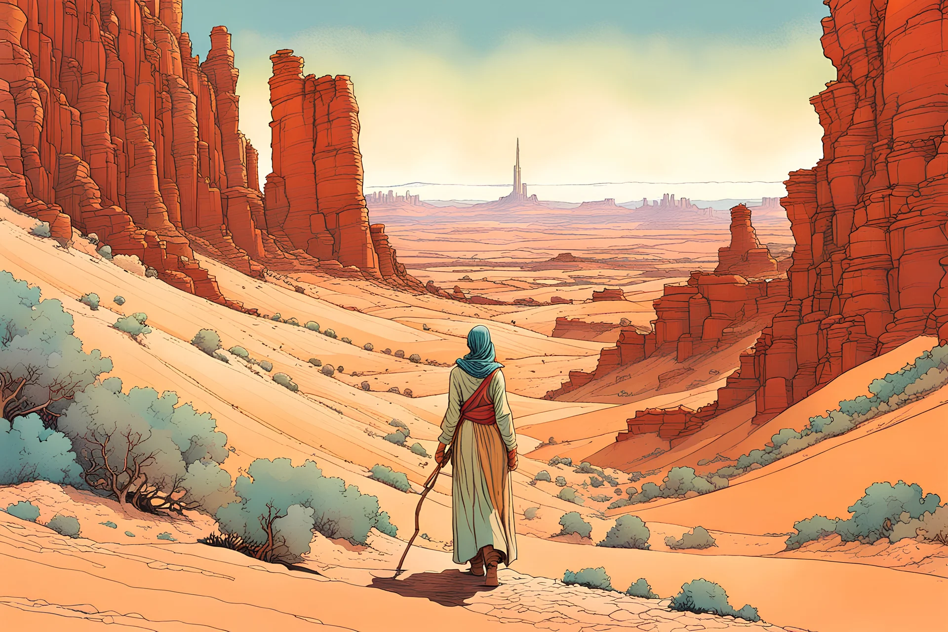 create an abstract expressionist portrait of a nomadic shepherdess inhabiting an ethereal desert canyon land in the comic book style of Jean Giraud Moebius, David Hoskins, and Enki Bilal, precisely drawn, inked, and colored