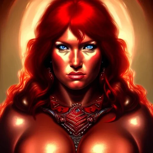 ultra detailed portrait of beautiful Red Sonja, wearing a bikini plate armor, extremely detailed digital painting, extremely detailed face, in the style of pablo oliveira, mystical colors, rim light, beautiful lighting, 8 k, stunning scene, raytracing