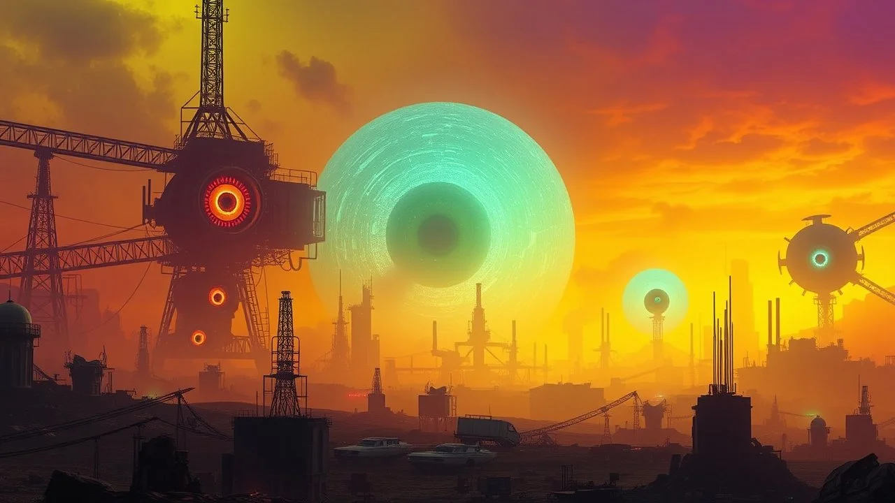 (A surreal| dystopian landscape|A vibrant| dreamlike terrain|A chaotic| post-apocalyptic scene) with (giant| glowing eyes|massive| luminescent orbs|enormous| radiant spheres) peering through a (dark| industrial environment|bright| futuristic cityscape|gloomy| abandoned wasteland) . The background is dominated by shades of (yellow and orange|purple and green|blue and red) , creating an (ominous and unsettling atmosphere|eerie and surreal mood|mysterious and captivating vibe)