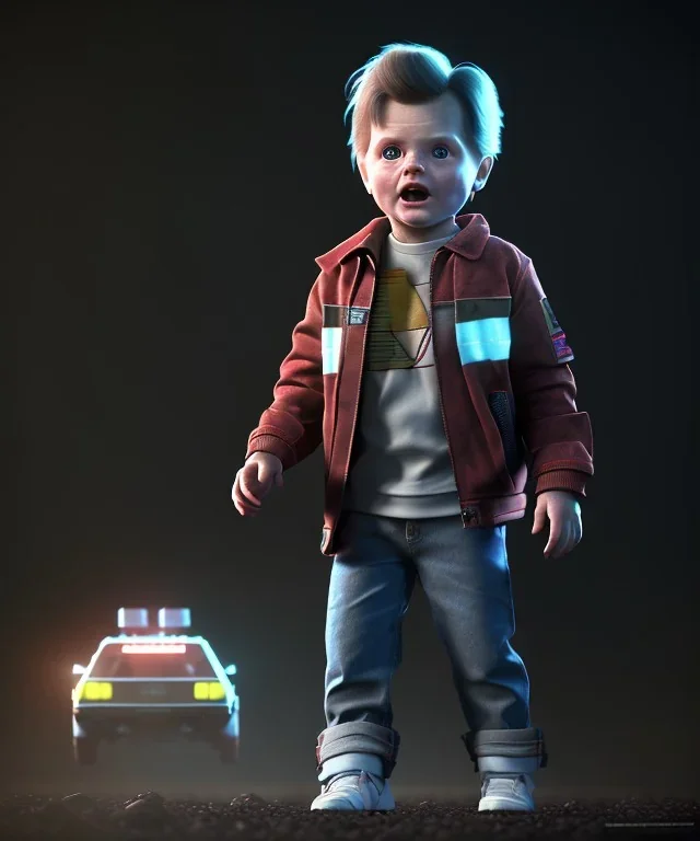 Marty mcfly toddler, full body, delorean, dramatic lighting, hyper realistic