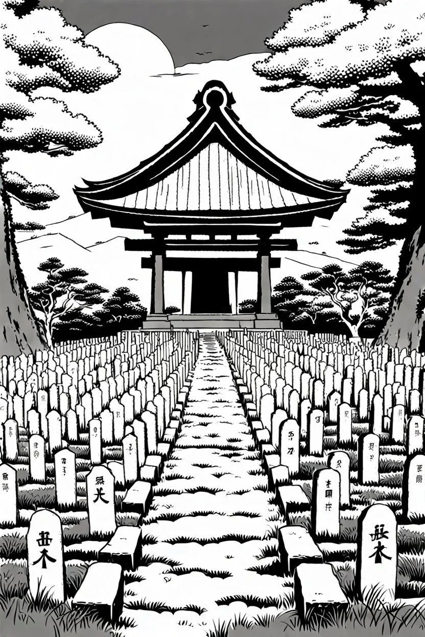 landscape, Japanese open air flat cemetery with thousand Japanese gravestones, high detail, manga style, grayscale