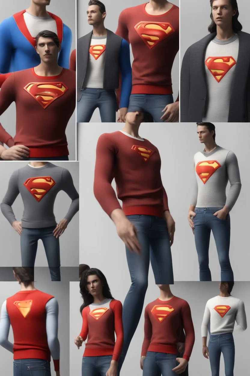 mannequins wearing Vogue Superman's design sweater vest and jeans, unreal engine, dutch angle view, minimalist, fashion plates –ar 3:5 –q 2