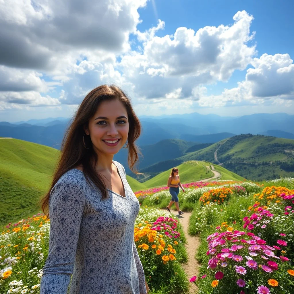 beautiful Green hills covered with flowers colorfull ,blue sky heavy clouds with godray ,very nice flowers at closeup ,wonderfull mountains at distance,beautiful lady look at camera ,walking to wards camera