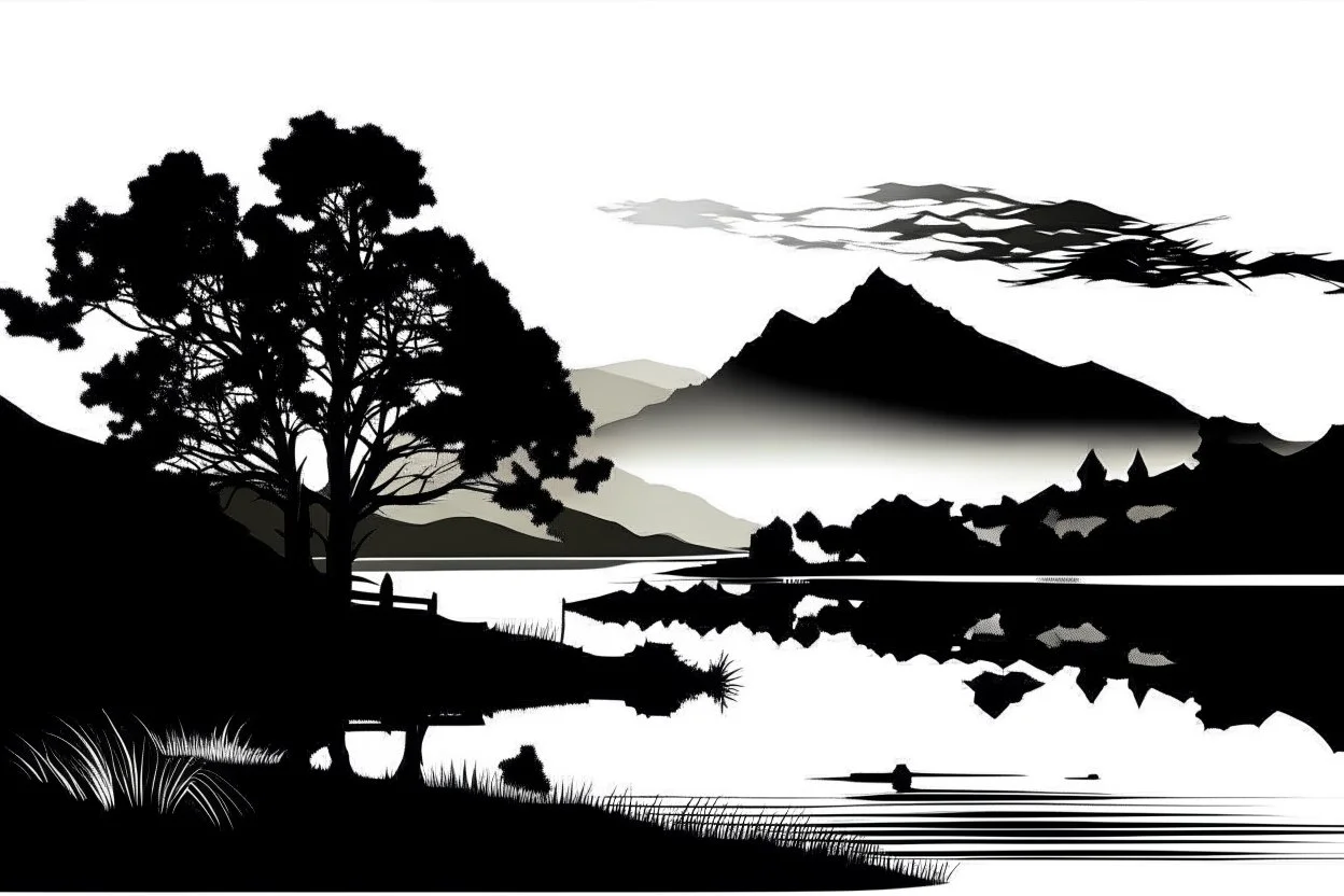 silhouette white background of beatuful scenic picture lake distric cumbria from a distance scenery painting