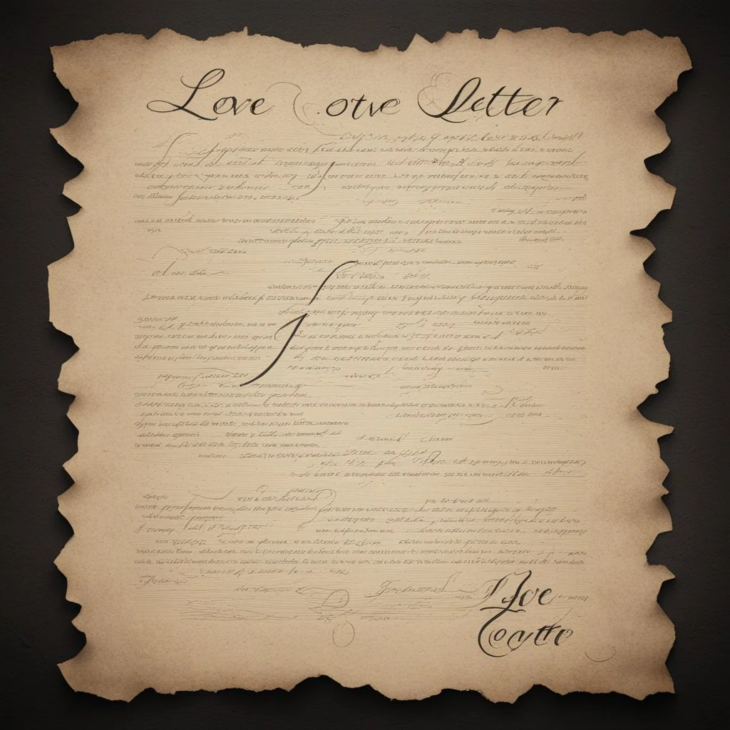 Hyper realistic love letter with script font on a vintage paper with dark background