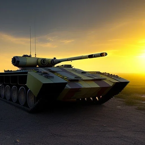 Wide view of Military hovertank from the future, 4k, highly detailed, hovering, axles, at sunset