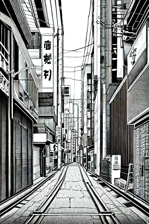 Tokyo alley, line arts, greyscale