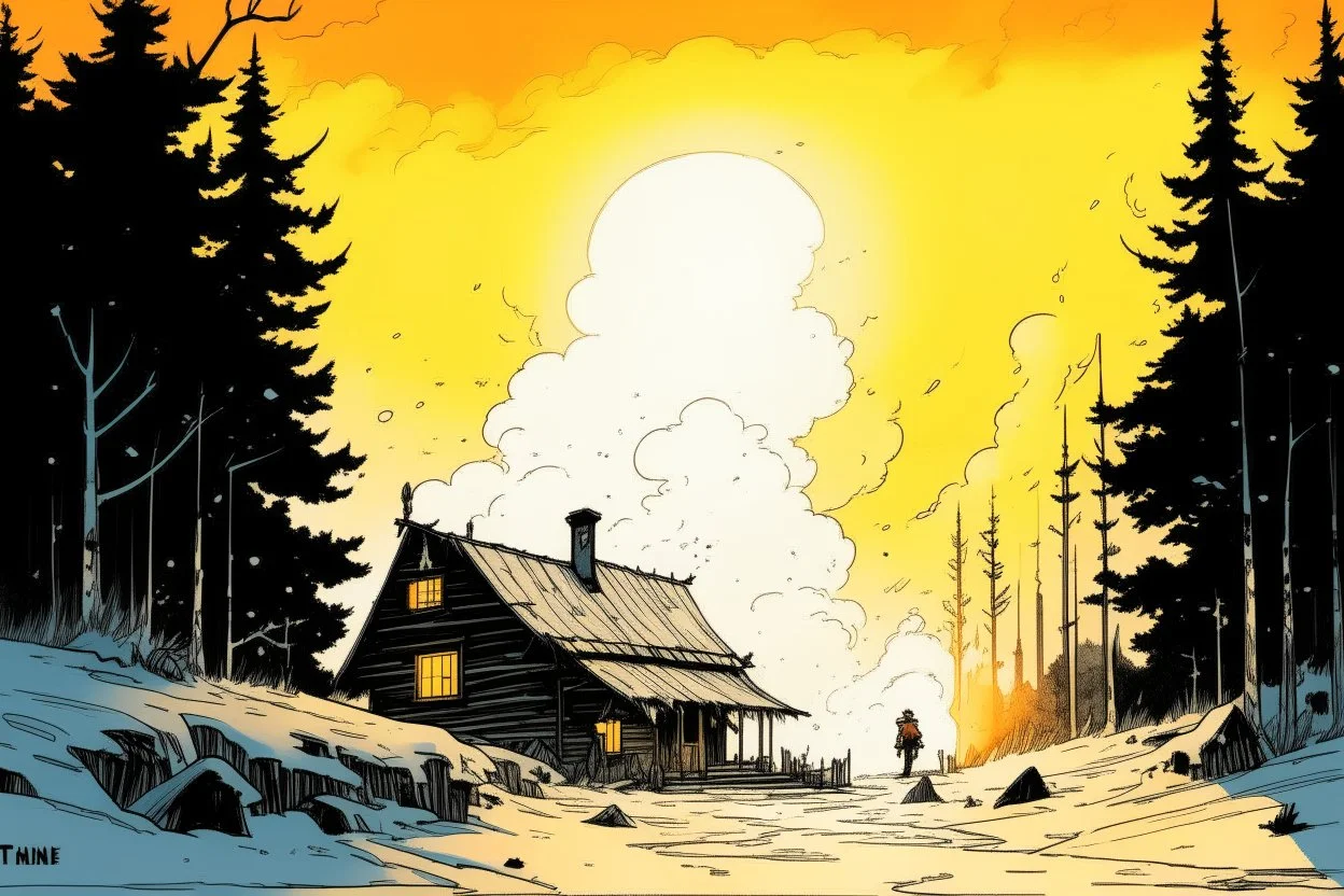 create an ink wash and watercolor illustration of a rustic snowbound cabin at sunrise surrounded by deep drifts and overshadowed by looming trees, smoke curls from the chimney, the windows exude a glow of light in the mountains of the Pacific Northwest in the comic book art style of Mike Mignola, Bill Sienkiewicz and Jean Giraud Moebius, highly detailed, grainy, gritty textures, dramatic natural lighting